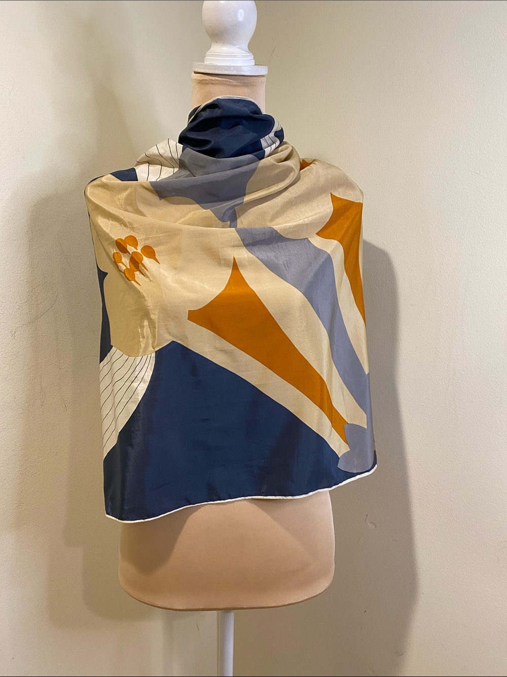 Ugna Abstract Geometric Silk Scarf in Navy, Mustard & Cream
